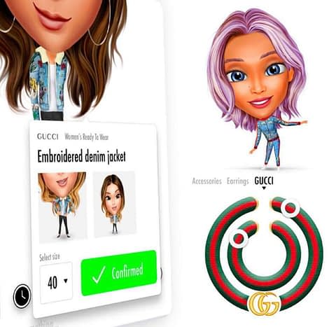 Screenshot dell'applicazione Genies x Gucci, ci sono due avatar uno con i capelli rosa e uno con i capelli marroni. Entrambi indossano abiti firmati Gucci 
